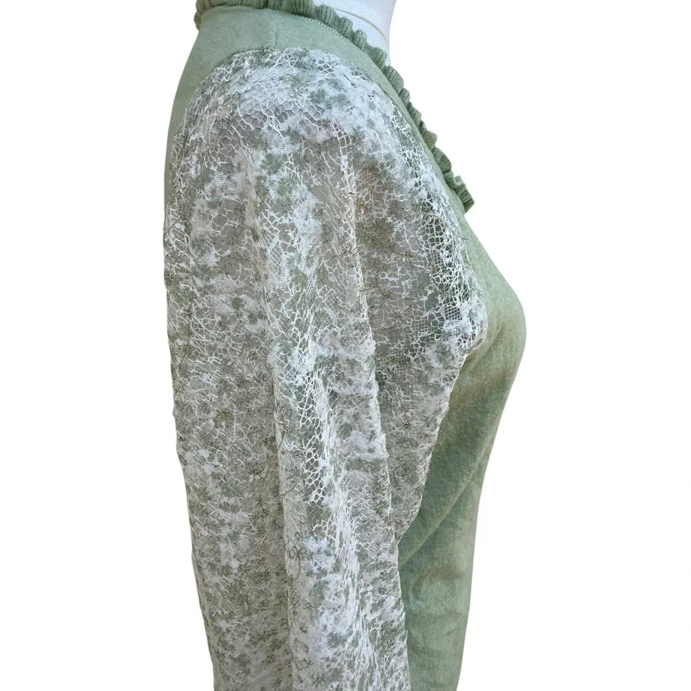 Siani Milano Sweater Sage Green Lace Sleeve Ruffle V-Neck Boho Cottagecore Small
